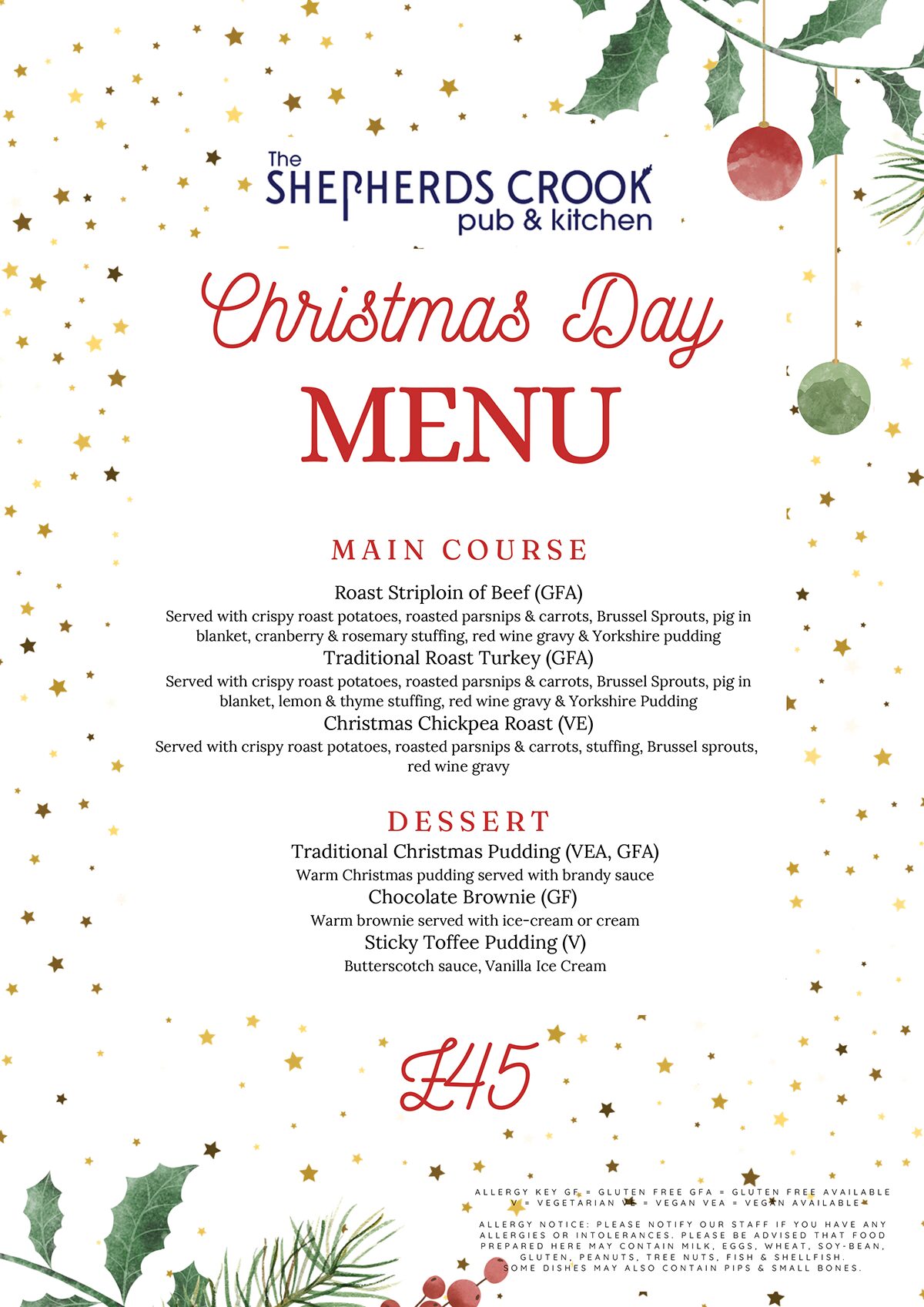 Shepherd's Crook xmas day menu